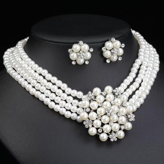 2Pcs/Set Imitation Pearl Jewelry Set Retro Style Flower Charm Adjustable Extension Chain Necklace Stud Earrings Set Wedding Jewelry Accessories