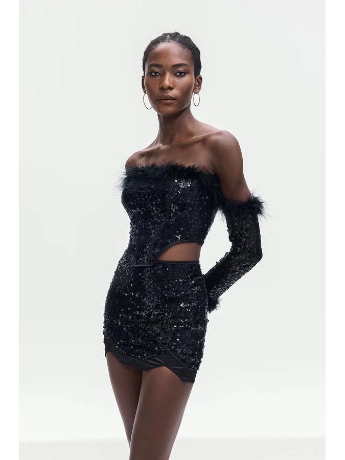 Plush Sequin Off-Shoulder Sexy Set: Long-Sleeve Top & Hip-Hugging Mini Skirt