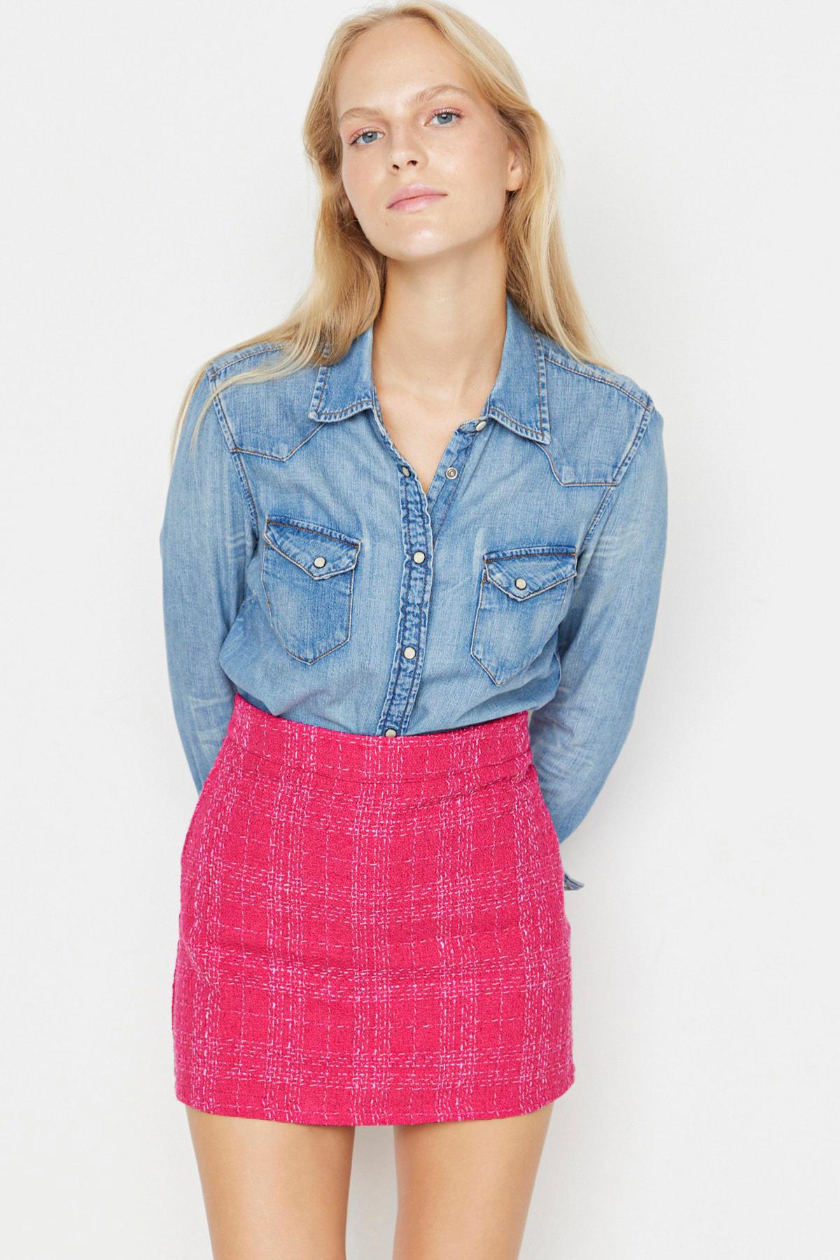 

Женская юбка, модная новогодняя мини-тканая юбка из розовой твидовой ткани