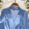 V Neck Puff Sleeve Satin Lace-up Solid Color Dresses for Women French Chic Pleated Dress Spring Women Dresses