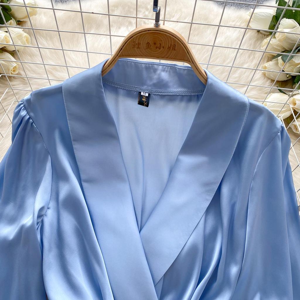 V Neck Puff Sleeve Satin Lace-up Solid Color Dresses for Women French Chic Pleated Dress Spring Women Dresses