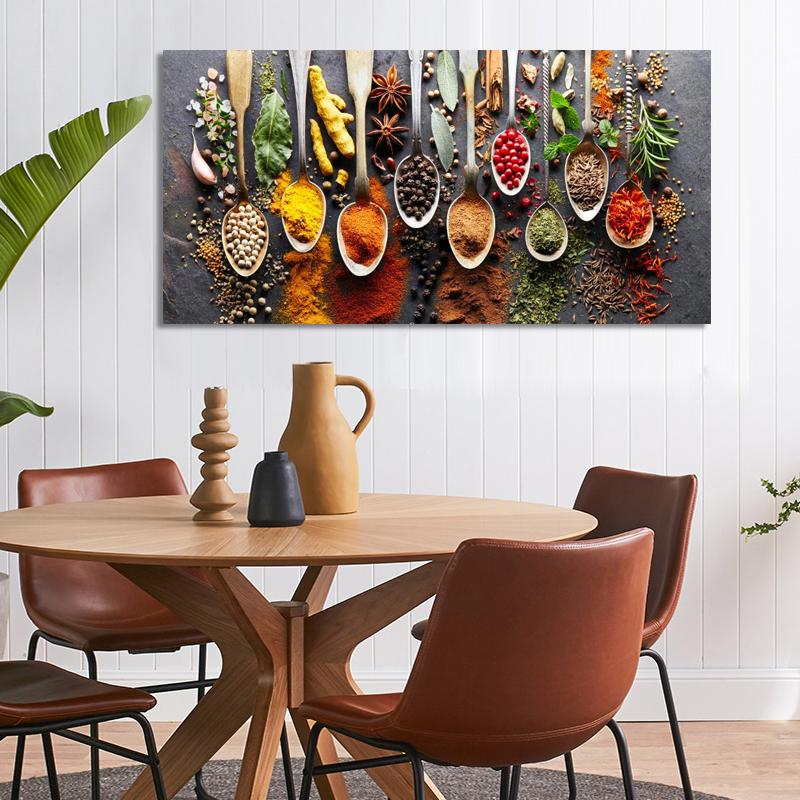Kitchen Themed Wall Art Decor Colorful Spice and Spoon In Table Canvas Paintings Food Cooking Ingredients Canvas Art Print Decor