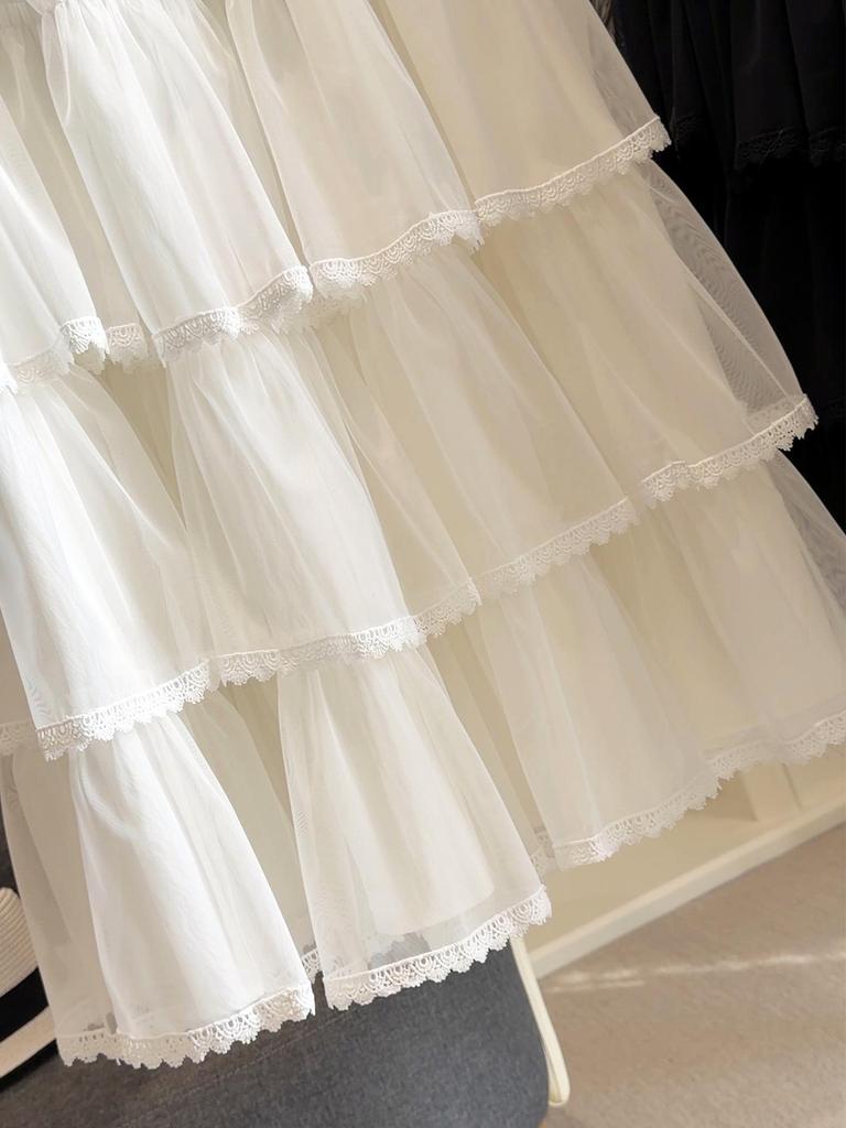 Frühling/Sommer Spitzen-Patchwork Netz-Puffballrock - High Waist A-Linie Gaze-Schichtrock