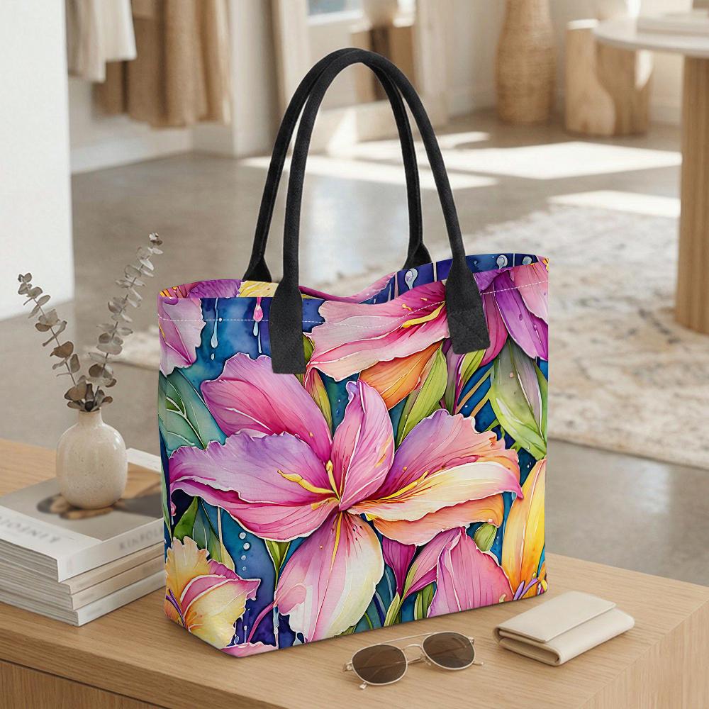 Watercolor Lily Print Tote Bag Fashion Casual Large Capacity Daily Shoulder Handbag