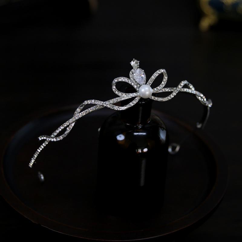 Koreanisch Neu Exquisit und Schlicht Zirkon Perle Schleife Braut Hochzeitskrone Tiara Krone Tiara