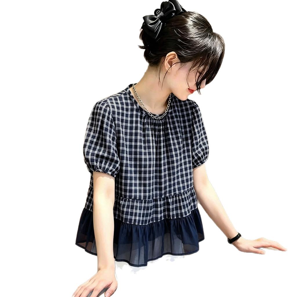 Premium plaid short-sleeved shirt women's summer new loose foreign style ruffle edge doll shirt top A