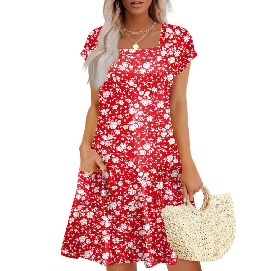 Summer Dresses For Women Loose Square Neck Cap Sleeve Casual Beach Vacation Tshirt Dress Sundresses With Pockets