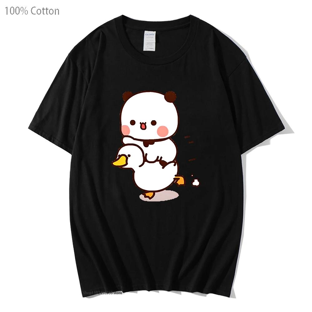 Cute Bubu and Duud Is Riding A White Duck Tshirt Panda and Brownie Bear Clothes Cotton T-Shirts for Men Women Couple