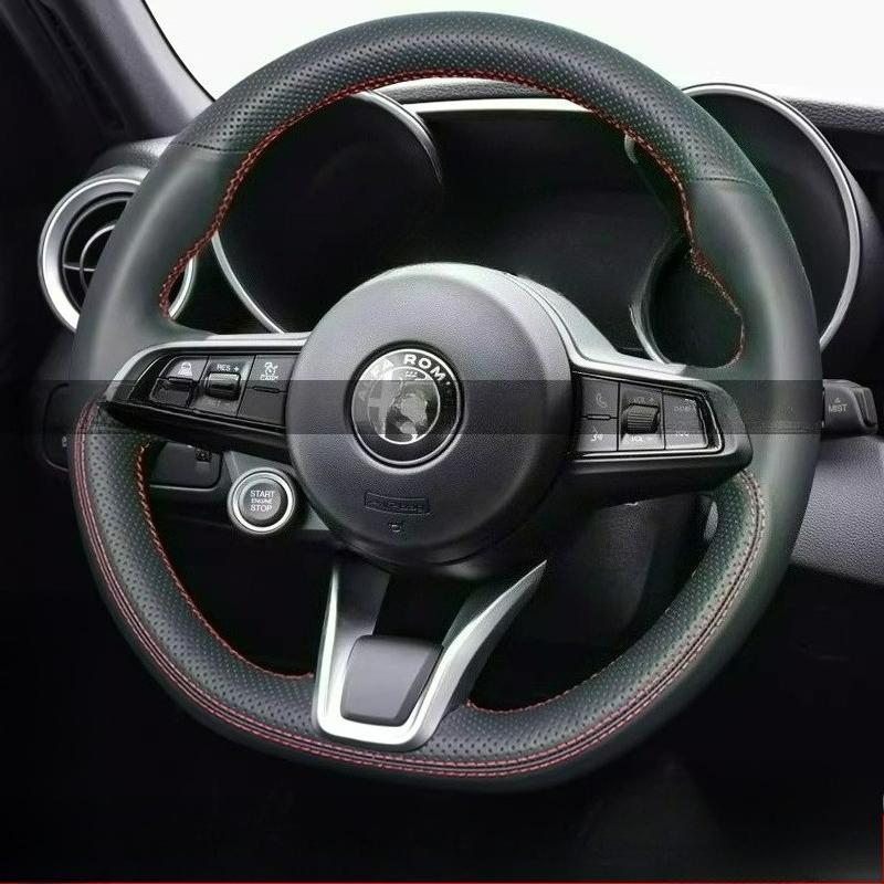 Hand Stitched Renovation Non-slip Wear-resistant Black Leather For Alfa Romeo Stelvio Giulia 2020-2022 Car Steering Wheel Cover