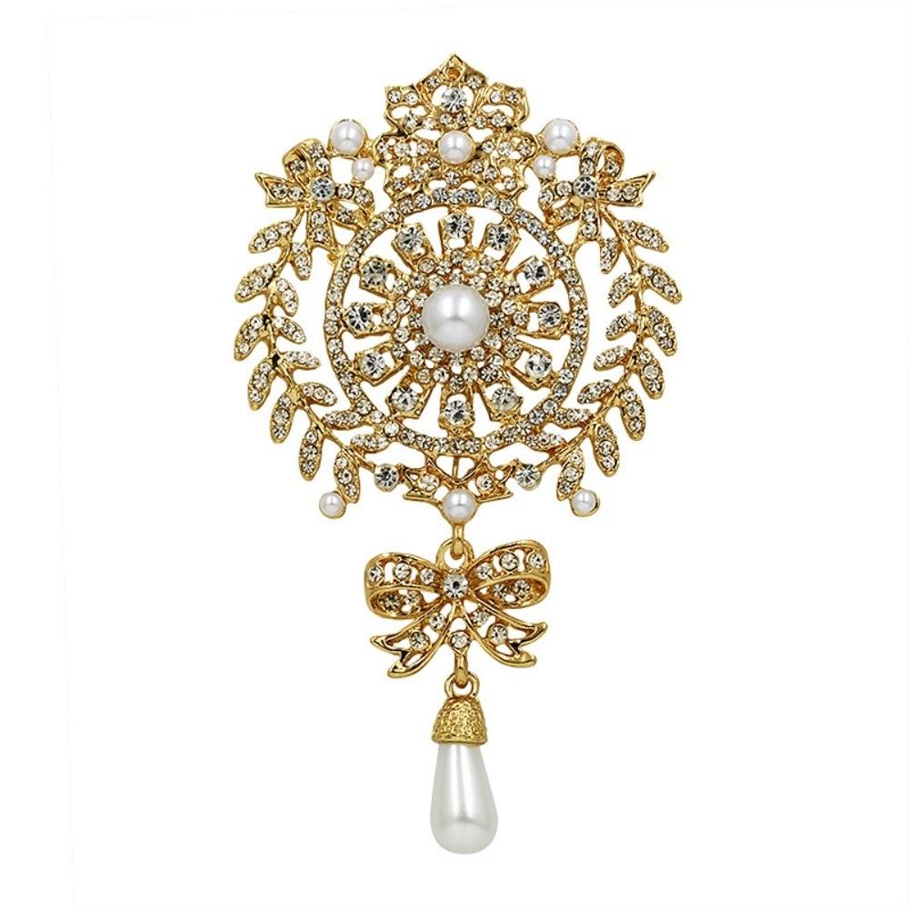 Elegant Shining Crystal Brooch Alloy Retro Style Rhinestone Lapel Pin Gold Silver Decorative Pearl Brooch Women's Fashion