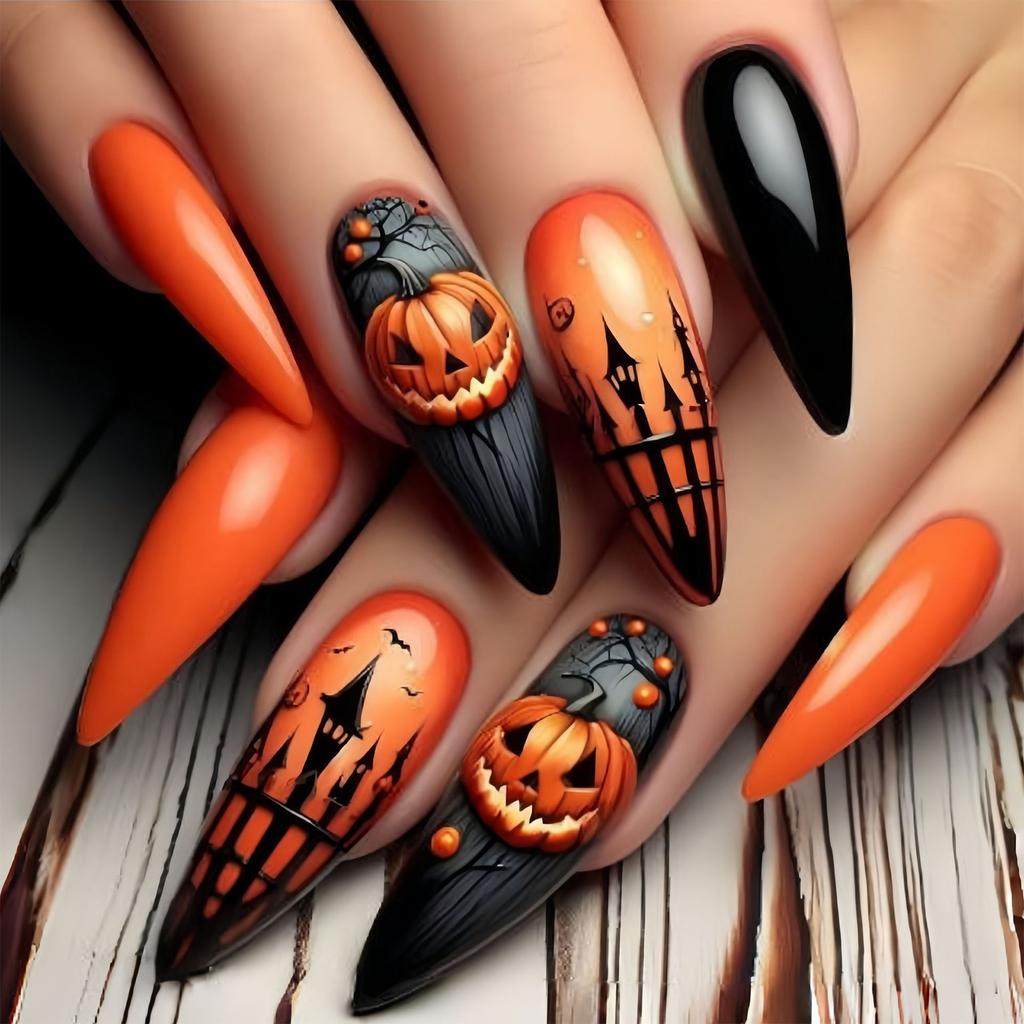 Trendy Fake Nail Halloween Theme Stylish Almond Tip Ghostly Pumpkin Art Durability Comfortable False Nail For Daily Wear