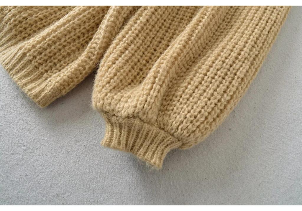 Solid Color Lantern Sleeve Knit Cardigan Jacket - Women's Autumn Loose Casual Style