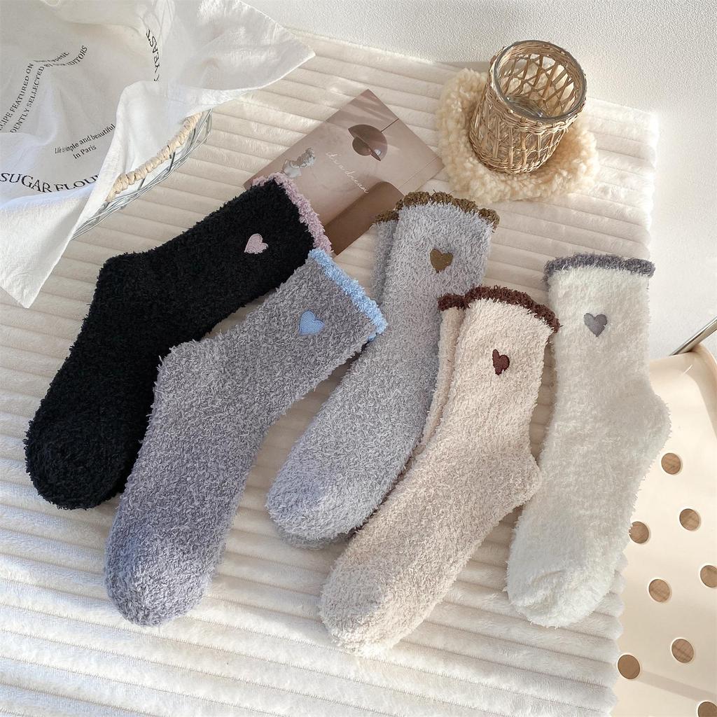 Women's Embroidered Heart Coral Fleece Sleep Socks – Non-Shedding Floor Socks