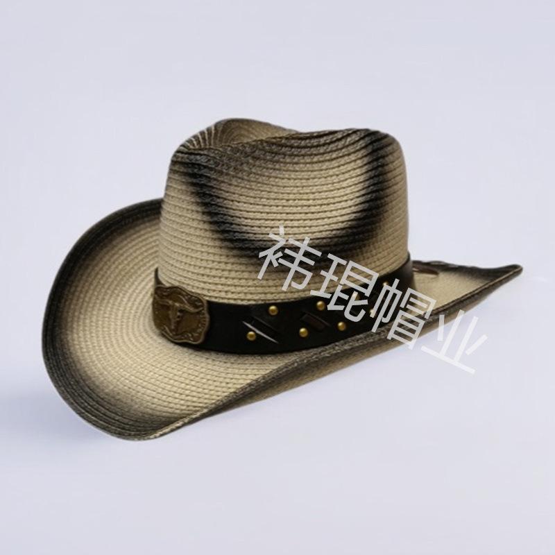 New cow head decorative belt, western denim straw hat, men's and women's outdoor sunscreen hat, European and American fashion hat