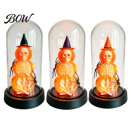Halloween Souvenir Decor Pumpkin Skeleton Cloche Lamp, Lighted Stacking Skull In Clear Atmosphere Night Light Dome with Witch Hat for Tabletop Mantel,