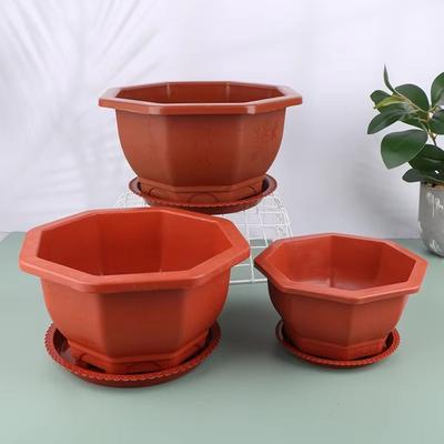 Modern Plastic Flower Pots Octangle with Tray Balcony Plant Pot Plant Growth Container Home Garden Decoration