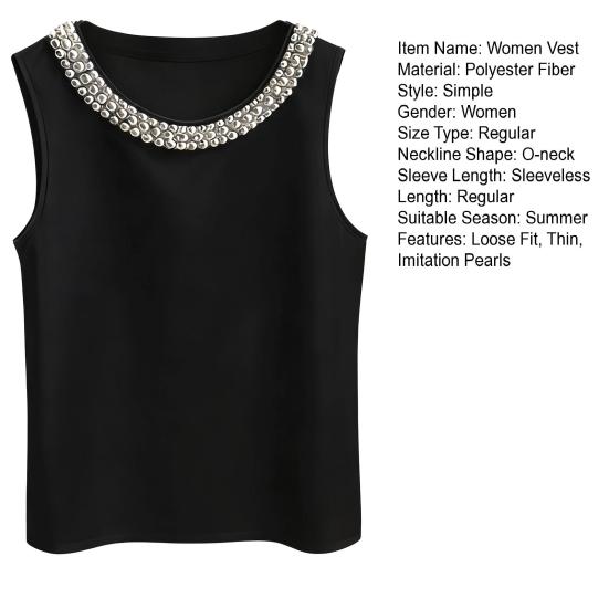 Women Vest Silky Satin Sleeveless Tops with Faux Pearls Collar Loose Fit Summer Tops Formal Semi-Formal