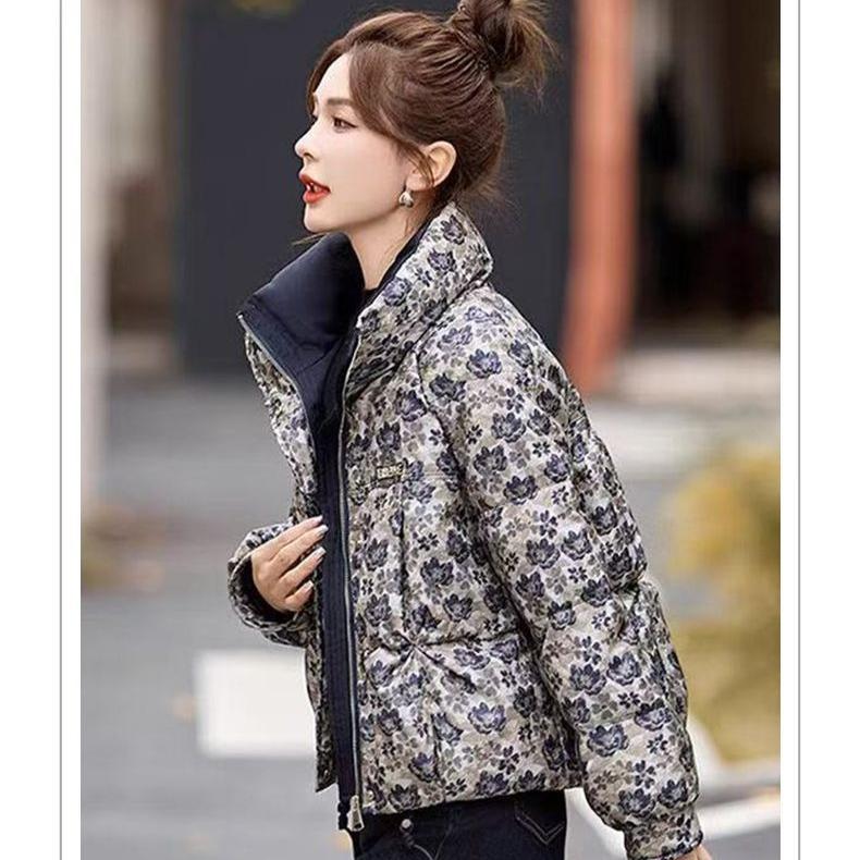 Winter Cotton Jacket Short Padded Coat Stand Collar Loose Streetwear Printed Fashion Outwear