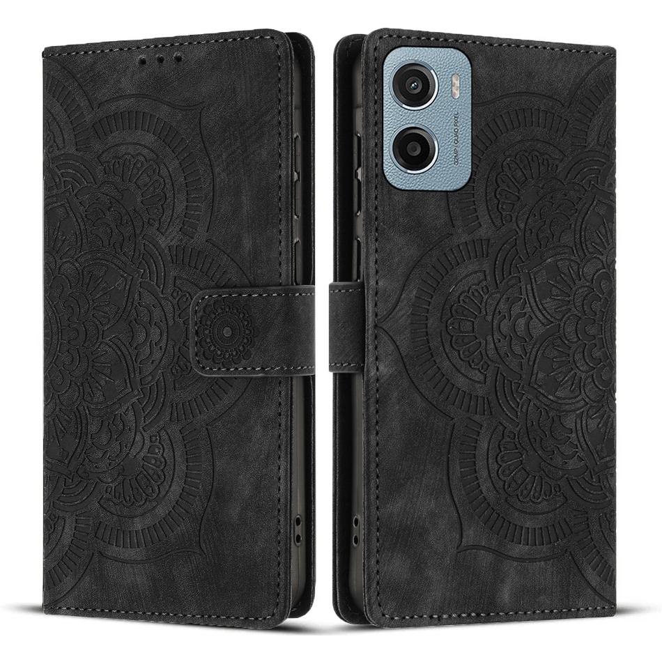 

For Motorola Moto E15 4G/Motorola Moto G05 4G Leather Case WANLONFENG HDM Series Mandala Imprint Wallet Stand Phone Cover Black