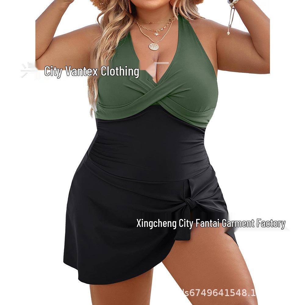 2024 Plus Size European & American Solid Color Tankini Skirt Swimsuit with Drawstring - Conservative Style