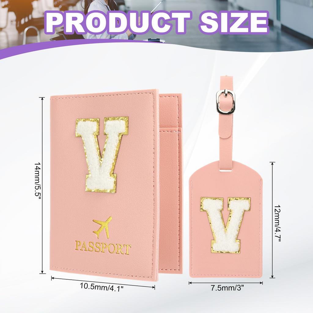 Travel Passport Luggage Tag Set with Initial Passport Cover and Alphabet Chenille Letter Travel Wallet Bag Suitcase Identifier for Women and Family