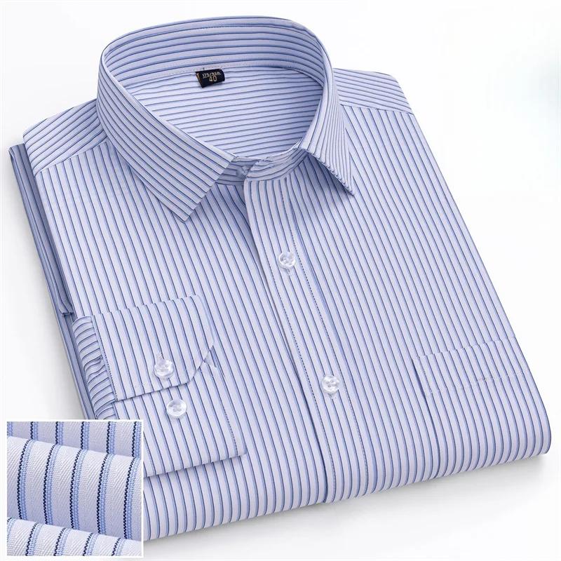 6XL Work Blue White Shirt Long Sleeves Men Formal Shirt Long Sleeve Office Solid Color Classic Striped Fashion Business Pocket