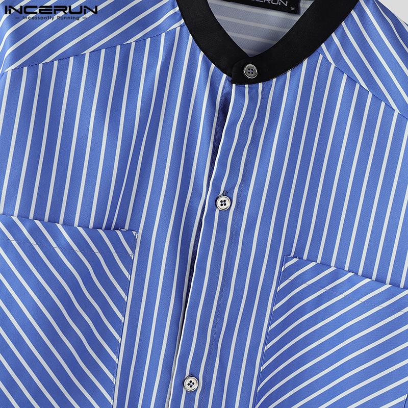 INCERUN Men Collarless Short Sleeve Stitching Striped Casual Shirts Tops