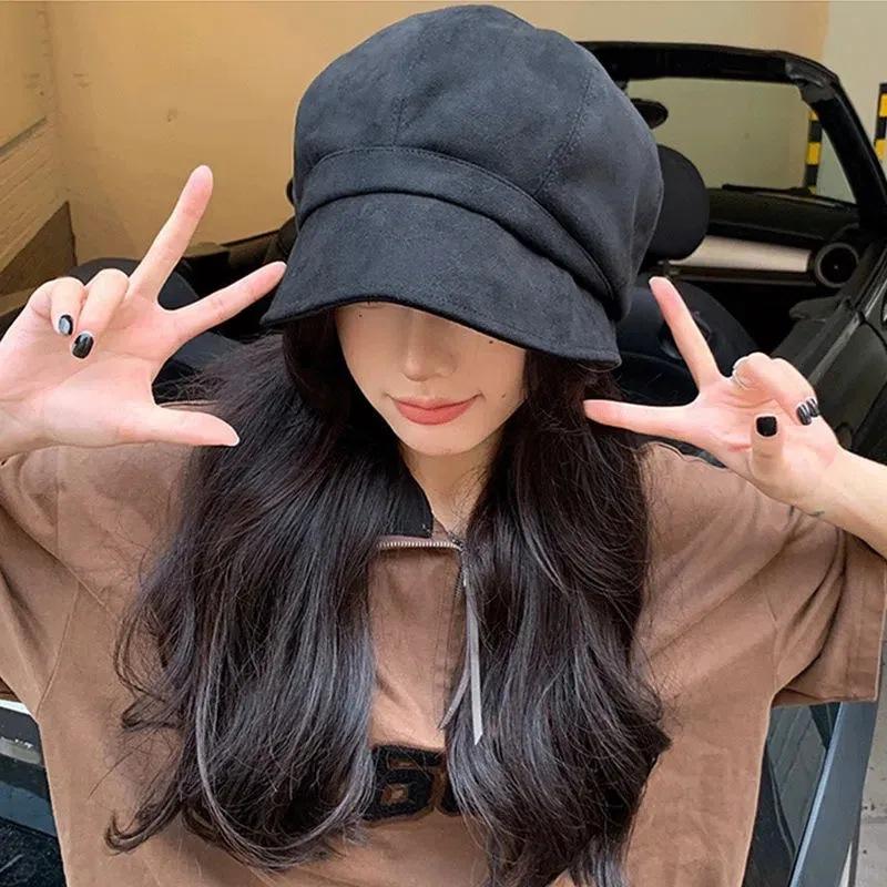 

Шляпа женская осенне-зимняя замшевая черная теплая шапка берет шляпа-стог большой обхват головы восьмиугольная шляпа-ведро