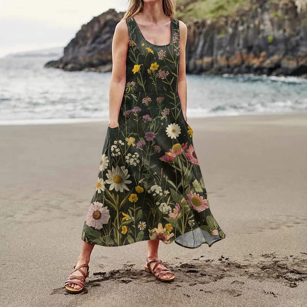 Women's Summer Casual Fashion Floral Print Sleeveless Pocket Dress