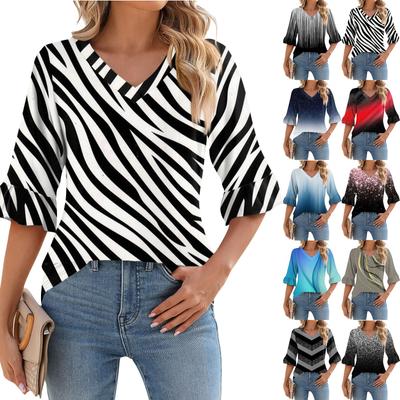 Women's Casual 3/4 Sleeve Top Summer V-neck Puffy Sleeve T-shirt Top