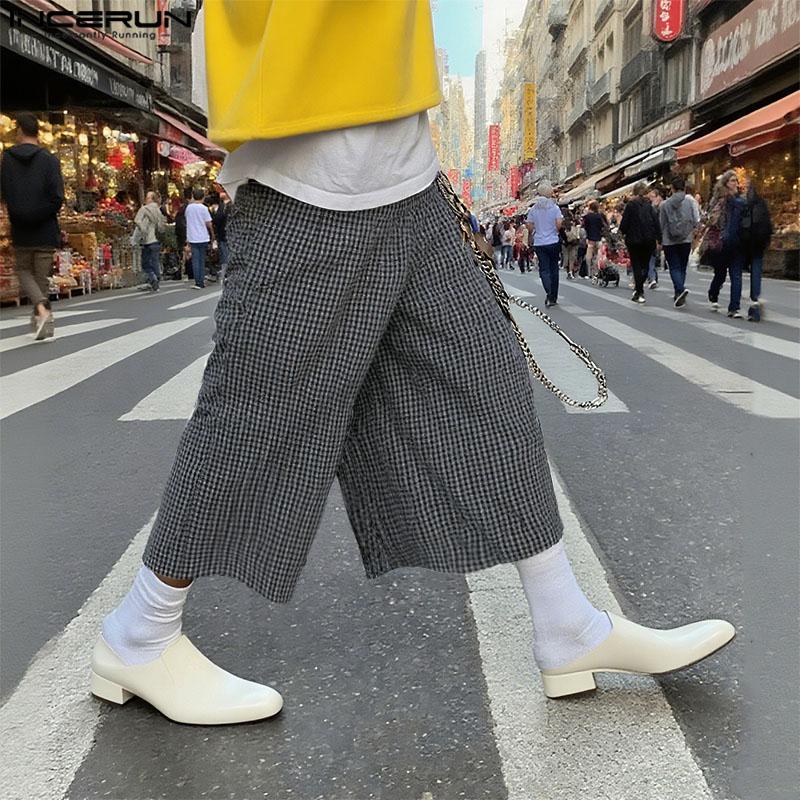 INCERUN Men Elastic Waist Plaid Print Casual Loose Wide Legs Capri Pants Shorts
