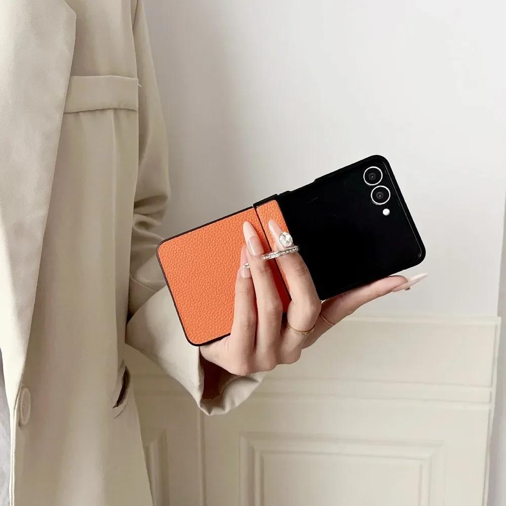 For Samsung Galaxy Z Flip 7 6 5 4 3 5G Phone Case Solid Color Lychee Pattern PU Leather Ring Holder Shockproof Protective Cover