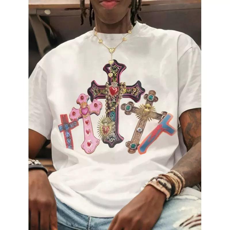 STREETRICH Comfortable Mens White Crew Neck T-Shirt Cross Jesus Print T-Shirt Vintage Shirt Graphic T-Shirt Pro Choice Streetwear