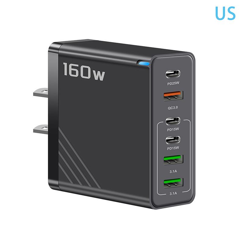 

160W 6-Port Fast Charging Usb Type C Quick Charge Pd Qc3.0 Wall Charger Adapter For Iphone Xiaomi Samsung Huawei Phone Charger