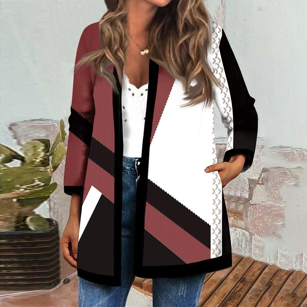 Langärmlige schwarze Patchwork-Strickjacke mit Convention-Print für Damen im Herbst- und Winterstil