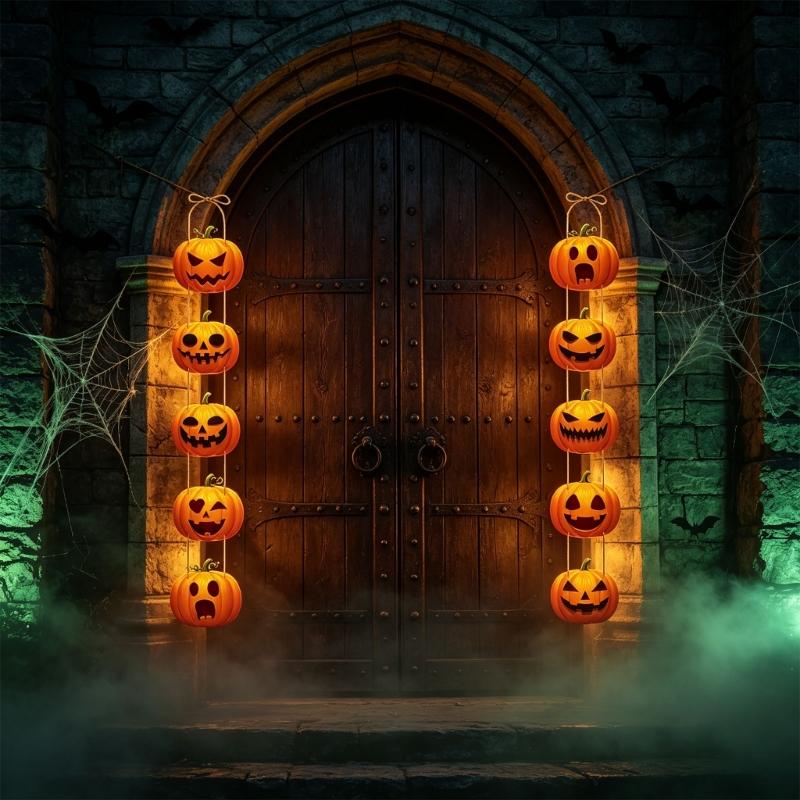 Halloween Entry Sign Set, Two Cardstock Hanging Panels with Grin Face Cutouts for Glass Display, Party Scene, Hall Styling and Room Entry