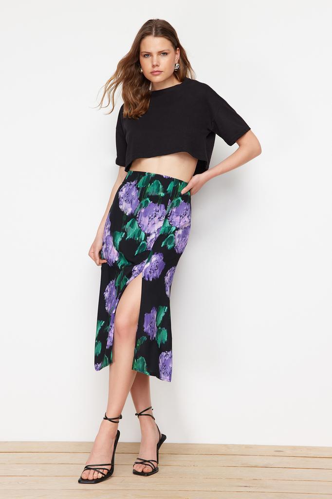 Women's Fashion New Skirt Lilac Slit Detailed Viscose Fabric Patterned Midi Woven Skirt