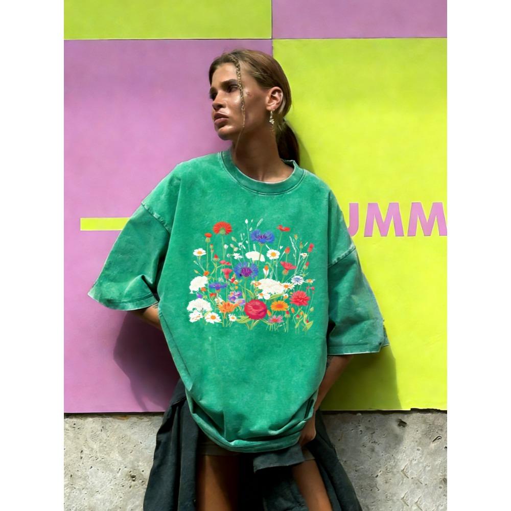 Flowers That Absorb Sunlight Print Washed T Shirt Women Summer Breathable Short Sleeves Cotton Loose Streetwear T-Shirt