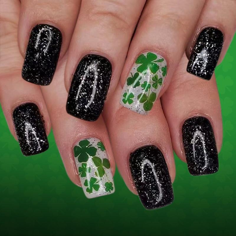 

24Pcs Green Clovers Pattern False Nail in Black Sparkles Finish for Festivals Special and Luck Themed Occasions 1