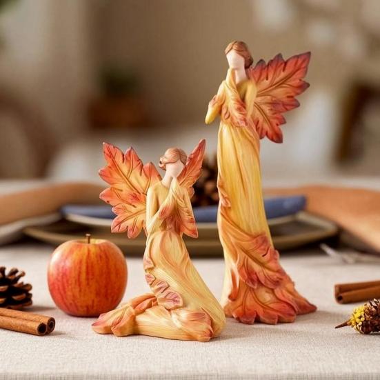 Maple Leaf Female Sculpture, Resin Prayer Angel Statue for Fall Thanksgiving, Home Office, Living Room, Church, Desktop Decoration