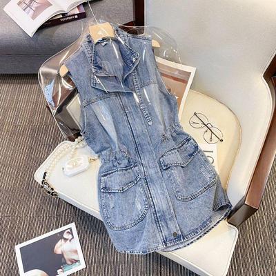 Colete Feminino Plus Size Sem Mangas com Cinto na Cintura Moda Emagrecedora Jaqueta Jeans Longa Retrô Design Casual