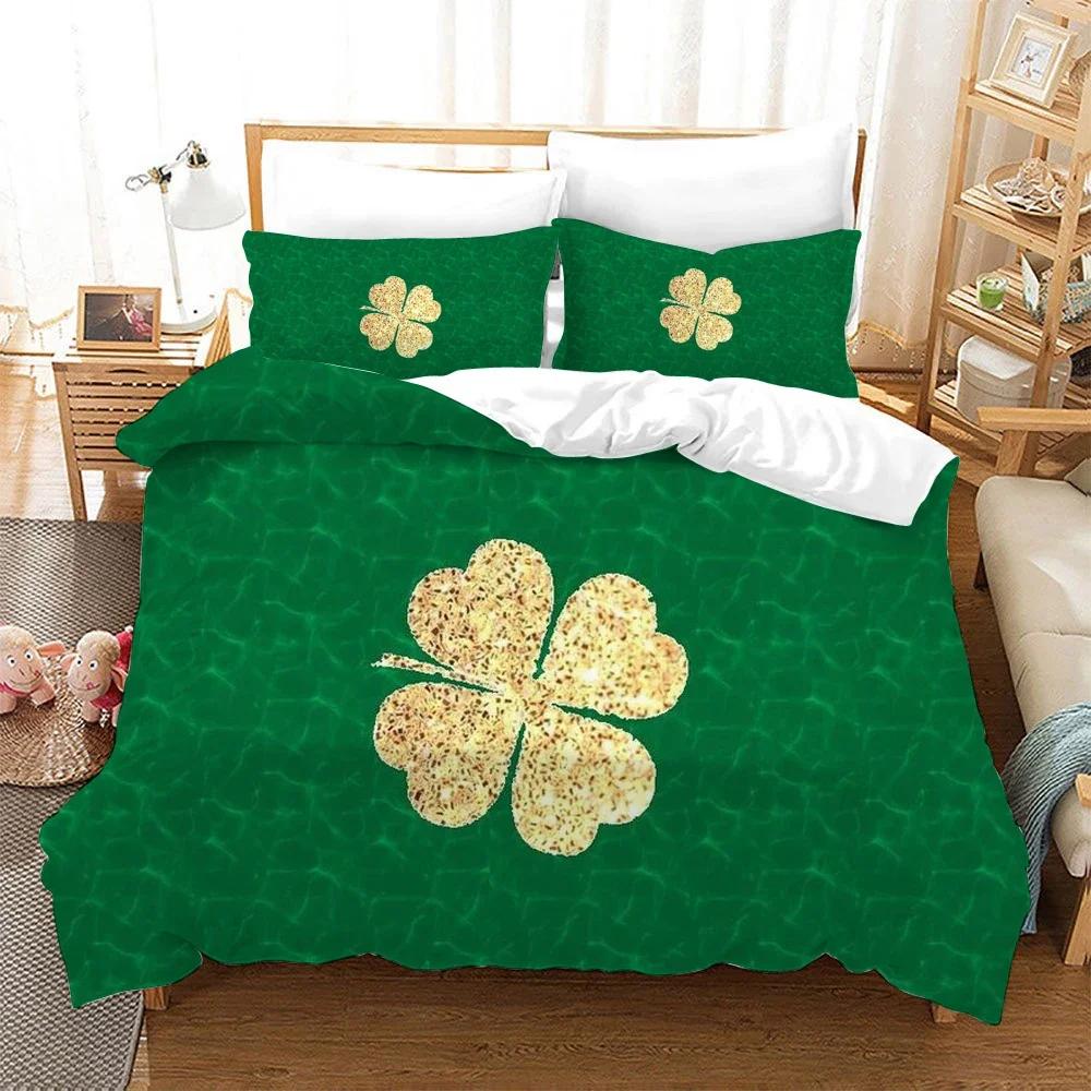 St. Patrick'S Day Duvet Cover Set Lucky Clovers Bedding Set Microfiber Green Four Leaves Clover Comforter Cover Twin Queen Size