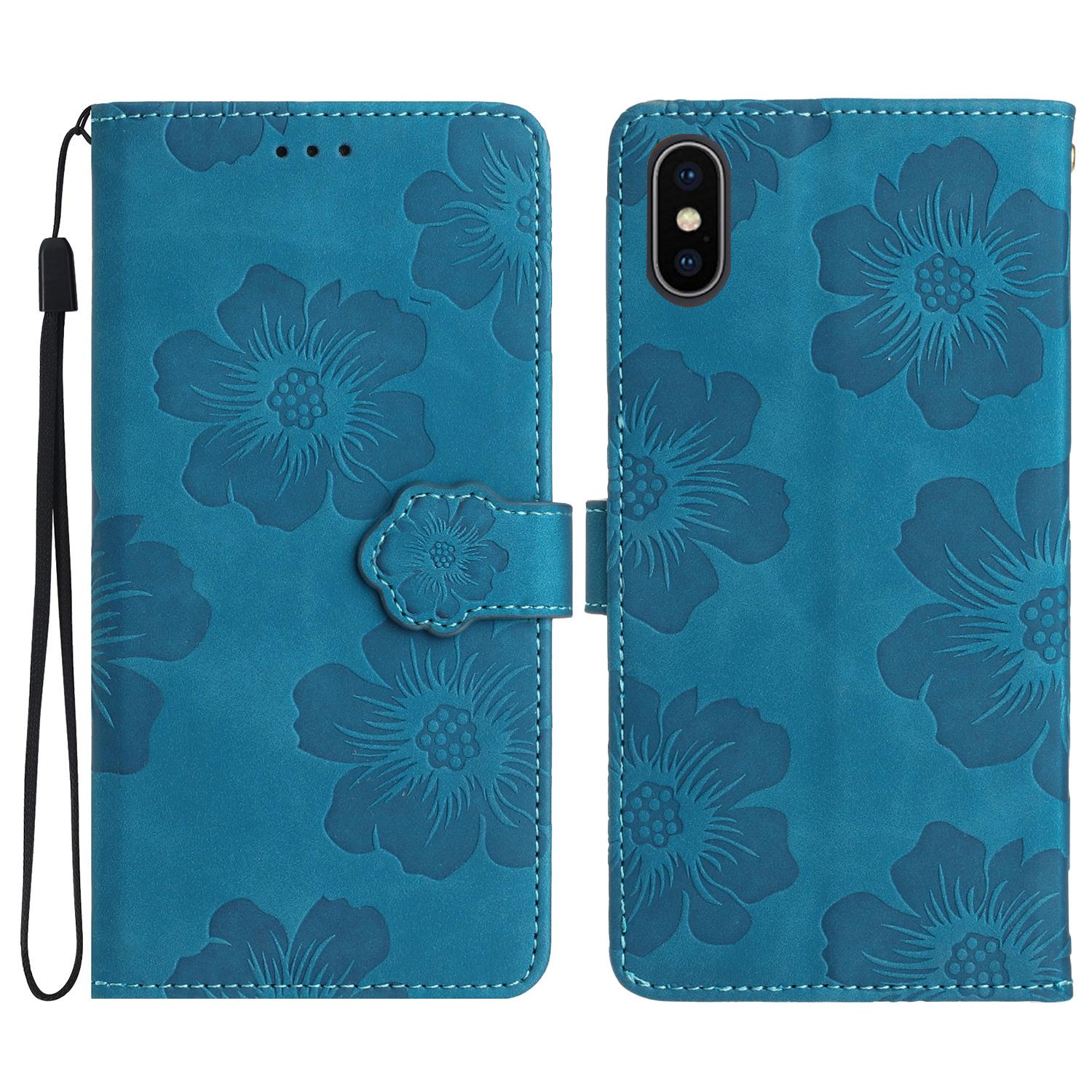 

For iPhone X/XS 5.8 inch Flowers Imprint Mobile Case PU Leather Wallet Anti-drop Stand Cover Blue
