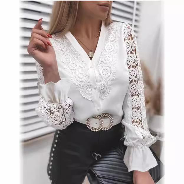 Women's Lace Blouse Long Sleeve Button Down Shirt Elegant Hollow Out Design Formal Office Wear