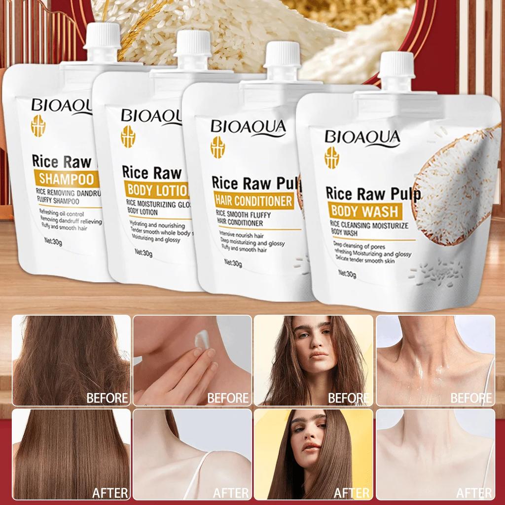 Kroppstvätt/schampo/balsam/bodylotion med rispuré rengör och återfuktar och avlägsnar djupt smuts från huden