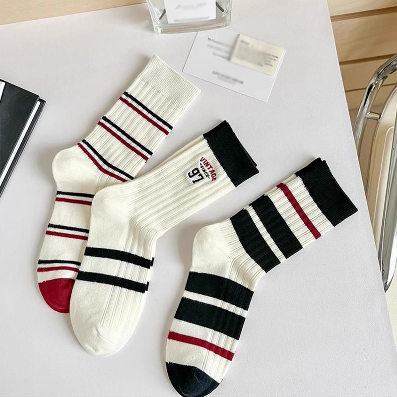 6 Pairs of Women's Color Contrast Simple Fashion Spring and Autumn Must-have Comfortable Wear-resistant Mid-tube Socks