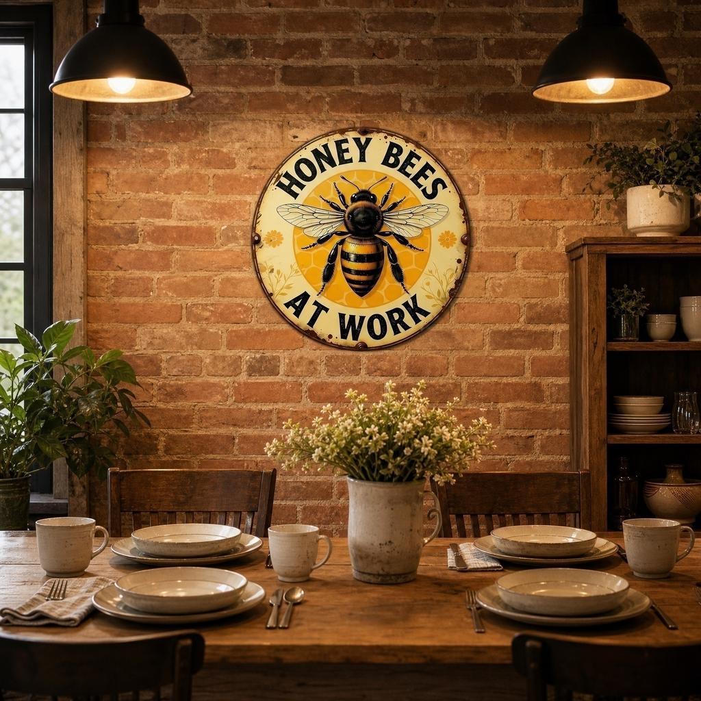 Round Metal Indoor Sign Honey Bees At Work Rustic Style Wall Decor Vintage Farmhouse Kitchen Decoration