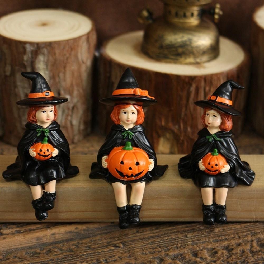 3pcs Handmade Witch Holding Pumpkin Statue Cute Witch Ornament Halloween Statue  Bookshelf