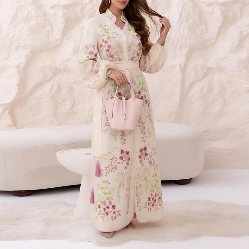 

European and American women s clothing, new spring models, printed lantern sleeves, waist models, strappy tassel dresses 3XL білий