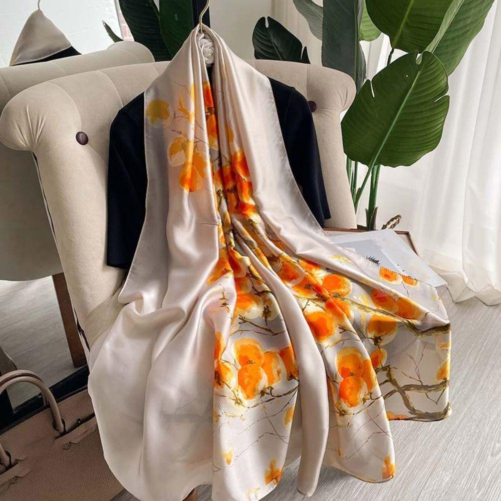 Large Women Hijab Shawls Print Flower Headscarf Fashion Luxury Silk Scarf  Headkerchief